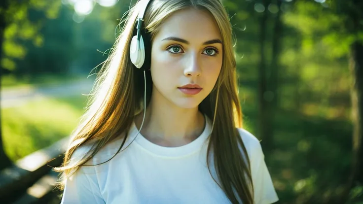 Beautiful blonde with big breasts in a T-shirt (Late night wilderness、walk),Wearing headphones,Very detailed, 21 years old, Innocent face, Long Straight Hair, blue eyes, High resolution, masterpiece, Highest quality, Intricate details, Very detailed, Clear...