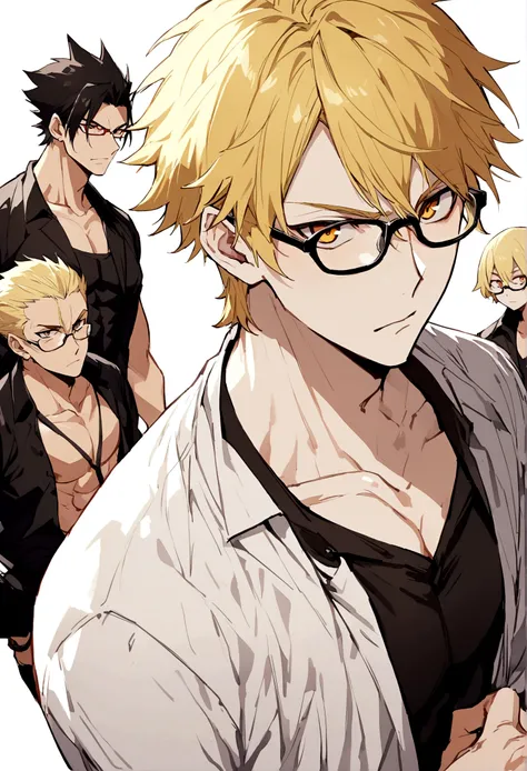 anime, male, short hair, blonde hairs, gold eyes, 180cm, six pack, handsome, white skin, bad boys, wear glasses, mavia, black toksifo