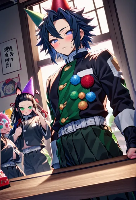 Ultra detailed, high resolution, absurd, HDR, masterpiece, Demon Slayer, Kimetsu no Yaiba, Demon Slayer, Kimetsu no Yaiba, Tomioka Giyuu, Uzui Tengen, Sanemi Shinazugawa, three hashiras, they are wearing birthday party hats, its someones birthday, they are...