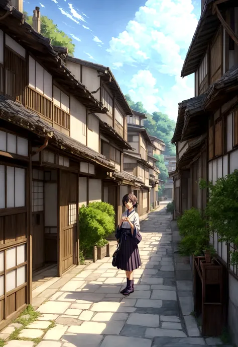 Anime scenery with bench, Japanese anime scenery, Beautiful Japanese anime scenery, Beautiful anime scene, makoto shinkais style, Anime Background, Old room made of stone, An old lantern and sliced bread are placed on the table, Depict a beautiful cityscap...