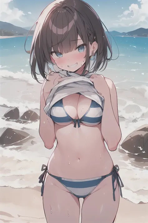 (best quality), (Super detailed), (Best Illustration), (masterpiece), score_9, score_8_up, score_7_up, 4k, (woman), look at viewer, {(white T-shirt), (shirt lift:1.2), (show off striped bikini:1.2)}, (large breasts), {(detailed eyes), blue eyes}, {brown ha...