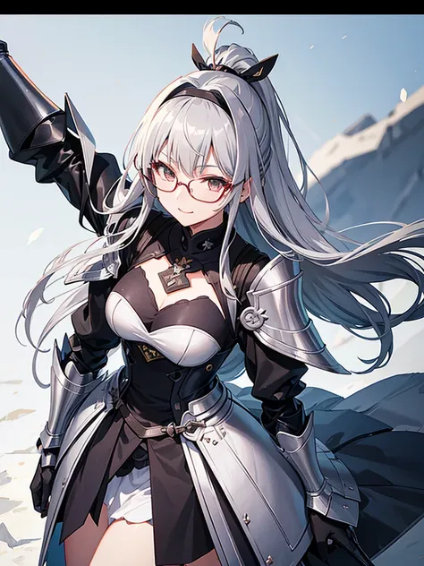 Ayaka, Solemn knight with ponytail, Wearing glasses、Gray Hair, Standing in the middle of a field background, Adding a touch of knight armor(0.7) To her charm. She has medium sized breasts and a charming smile with a hair accessory, Panty shot,