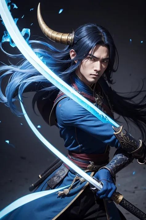 Swordsman with dragon horns, long hair and katana with blue flames