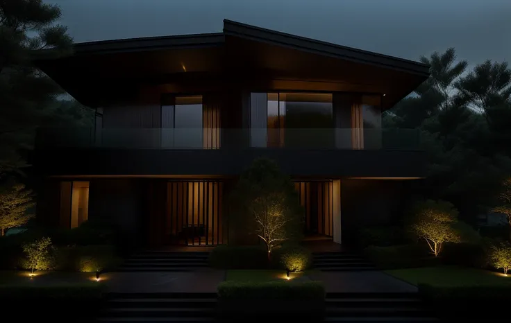 3D render of a beautiful house, Dark, gray tones, white wall. lumion render, night time render, insanely detailed rendering, realistic architecture, architectural visualization. The staircase leading into the house is tiled with black marble and has bright...