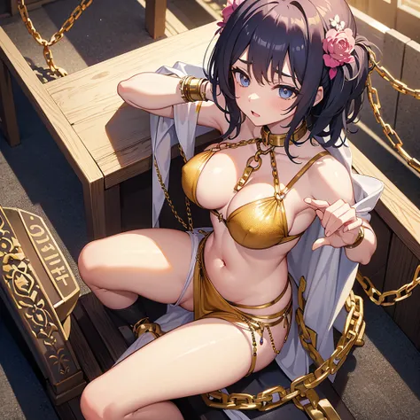  chain strap ,leash neck  slave sit belly dancer  colour white  ,submissive,  tits ,chaine in throne,loincloth,you can see a nipple