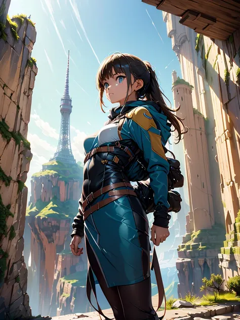 a young female  adventurer, she is standing in front of the tower, looking up, low angle, the background, a huge tower nestled i...