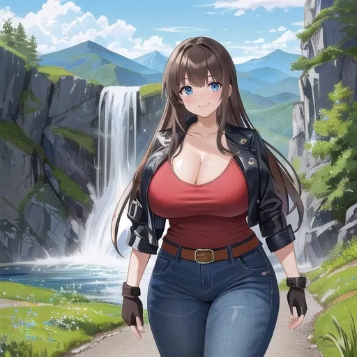 A Beautiful Young Girl, walking in the woods of a Beautiful Mountain Range, beautiful view of a waterfall and a glimpse of the mountains in the background. She has ((Lush, Thick, Long Dark-Brown Hair)), (Big Beautiful Blue Eyes), Very Huge Breasts, (very w...