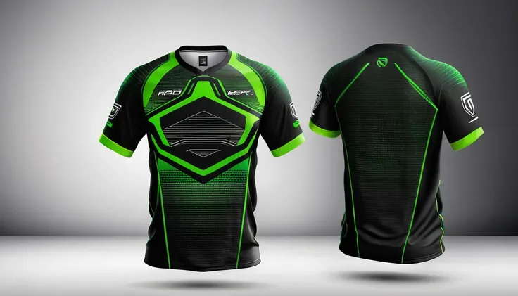 a rad and green jersey with a futuristic design, racing, e-sport style, no jersey, sport clothing, wearing a volleyball jersey, sports clothing, black jersey, shirt design, t shirt design, e-sports logo vector, esports, realistic clothing, tshirt design, t...