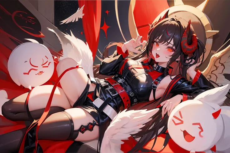 Very beautiful japanese Lady Dragon with wings and horns in black leather outfit with red belt and red ribbons on her legs, ahegao, tongue out, hot, 1 girl