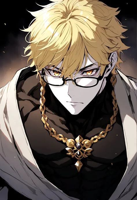 anime, male, short hair, blonde hairs, gold eyes, 180cm, six pack, handsome, pale skin, bad boys, wear glasses, mavia, black, cool, glory, alone