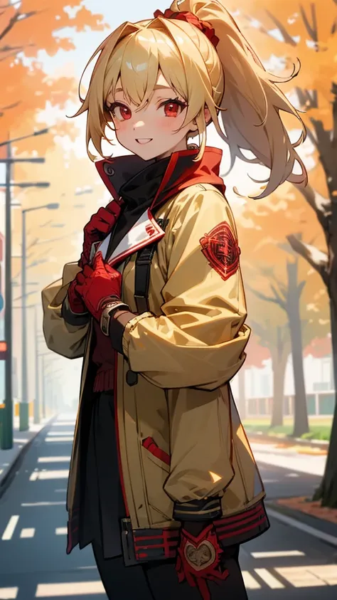 1 Girl、Sharp focus、(Bokeh) (Highest quality) (Detailed skin:1.3) (Intricate details) (anime)、A girl full of vitality、High school girls、Riders jacket、Blonde、Red eyes、ponytail、gloves、Bright smile、Standing in front of a street tree