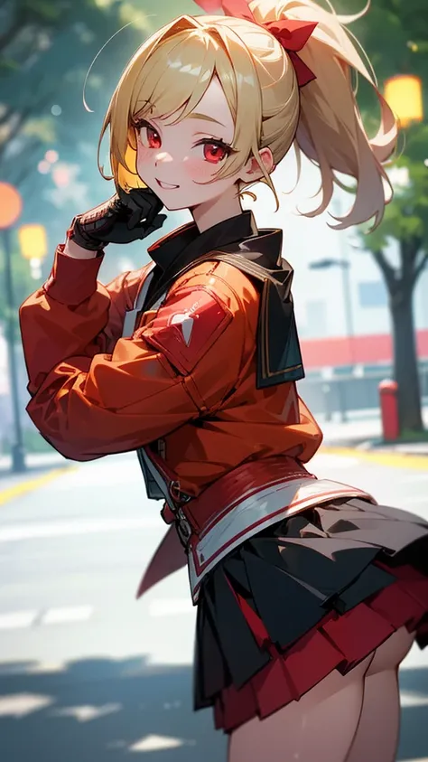 1 Girl、Sharp focus、(Bokeh) (Highest quality) (Detailed skin:1.3) (Intricate details) (anime)、A girl full of vitality、High school girls、Riders jacket、Blonde、Red eyes、ponytail、gloves、Bright smile、Standing in front of a street tree