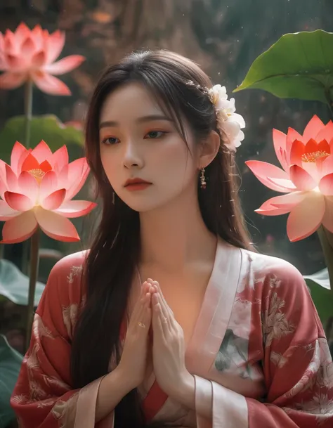 Full-body photo of a courtesan in lotus position，Praying with palms together、Anatomically correct,born, Cinematic shots, (Sharp focus:1.5), (Realistic:1.4), dusk lighting, (Look this way）、（Front facing）、((Less exposed skin)),Volumetric lighting, Ultra-high...