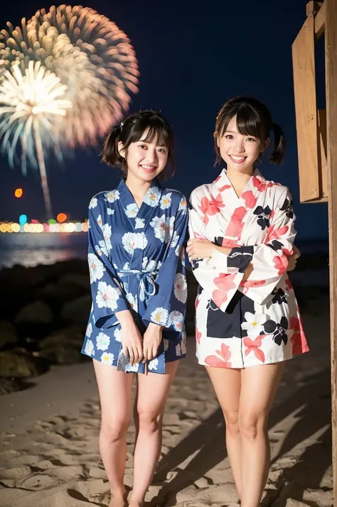 2 girls in beach at night,long-sleeved yukata,fireworks,18-year-old,bangs,a little smile,thighs,knees,short hair with low pigtails bunches,from below,front light