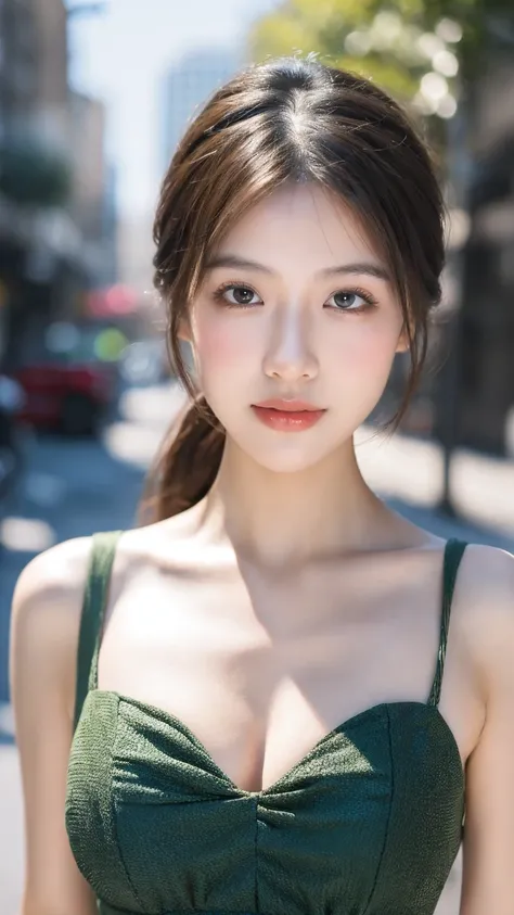 ((Best quality, 8K, masterpiece:1.3))，1girl，18 years old，Asian，Real texture:1.3，(Background blur:1.1)，Dress Up，Tall and slender figure:1.2，(Hot summer weather)，（street:1.3），Highly detailed face and skin textures，Exquisite eyes，Long eyelashes，Double eyelids...