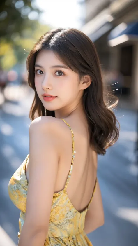 ((Best quality, 8K, masterpiece:1.3))，1girl，18 years old，Asian，Real texture:1.3，(Background blur:1.1)，Dress Up，Tall and slender figure:1.2，(Hot summer weather)，（street:1.3），Highly detailed face and skin textures，Exquisite eyes，Long eyelashes，Double eyelids...