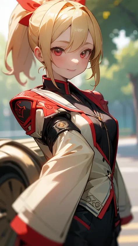 1 Girl、Sharp focus、(Bokeh) (Highest quality) (Detailed skin:1.3) (Intricate details) (anime)、A girl full of vitality、High school girls、Riders jacket、Blonde、Red eyes、ponytail、gloves、Bright smile、Upper body close-up、Standing in front of a street tree