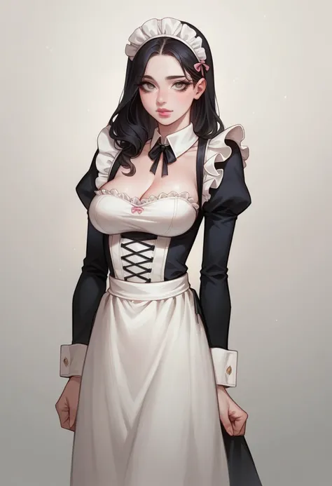 Girl with black hair eyes , in maid dress . Her jade white skin was glistening in his eyes. Her slender long legs coupled with her soft and plump breasts, her slim figure, her pink lips and beautiful eyes, everything made her look stunning. Cute and innoce...