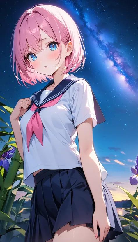 (1 girl),(Best Picture Quality, 8K, Masterpiece:1.3), (high school student:1.5), (pink lob hair:1.1), [skyblue hair:0.1], (bob cut),(swept bangs), (cute eyes, pupil black, iris skyblue, youthful face), (mole under right eye), (standard weight), (small brea...