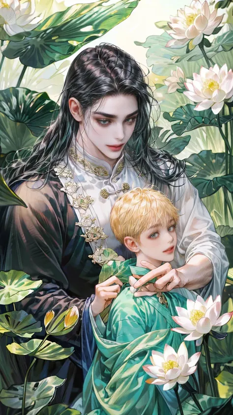 extraordinarily beautiful youth, a bright, innocent smile,All green clothing,(absurdres, highres, ultra detailed, HDR), masterpiece, best quality, (1 boy) , maleficent movie, boy character ,((Thick black long hair)),beautiful face,detailed interior, detail...