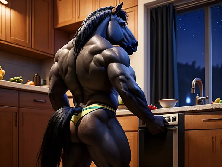 A horse who has a well-built body, he wears a underwear, invades a kitchen, raid the fridge, eat all fruits at fridge, anthro horse, male, adult, black fur, buffed body, sexy, beefy body, furred body, furry chest hair, realistic, full body, photorealistic,...