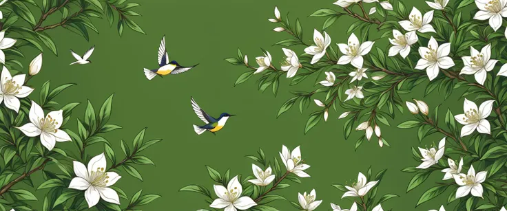 Kraft background：Beautiful and detailed tea tree jasmine flower and bird pattern, intricate floral design, Delicate petals,  Lush green tea trees, Dynamic Synthesis, Focus on focus, (best quality,4K,8K,high resolution,masterpiece:1.2),Extremely detailed,(P...