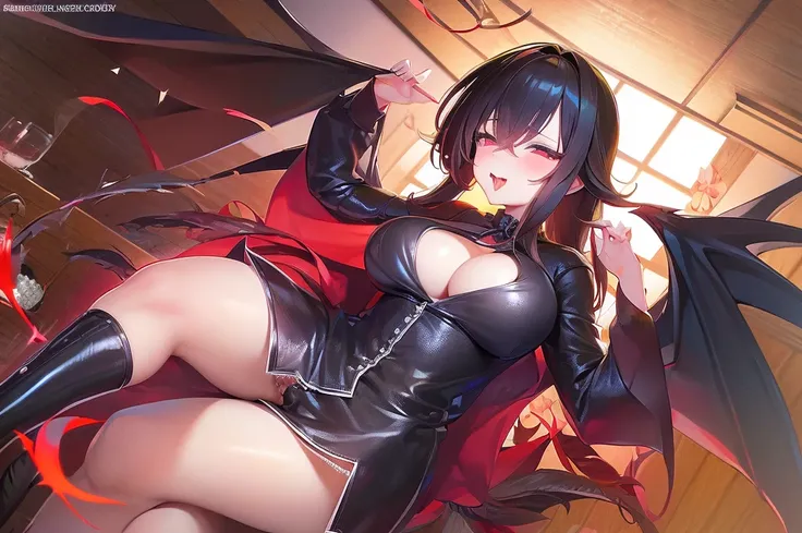 Very beautiful japanese Lady sucubbus with wings and horns in black leather outfit with red belt and red ribbons on her legs, ahegao, tongue out, big breasted, sexy, nsfw
