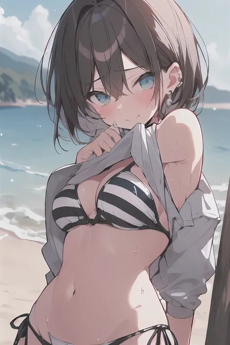 (best quality), (Super detailed), (Best Illustration), (masterpiece), score_9, score_8_up, score_7_up, 4k, (woman), look at viewer, {(white T-shirt), (shirt lift:1.2), (show off striped bikini:1.2)}, (large breasts), {(detailed eyes), blue eyes}, {brown ha...