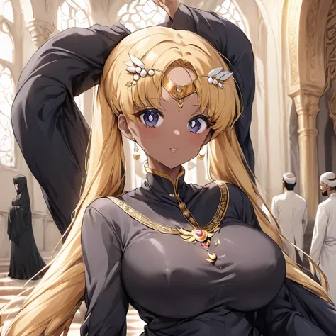 ((Highest quality)), ((masterpiece)), (detailed), （Perfect Face）、The woman is wearing a black hijab and abaya properly.、The woman is Tsukino Usagi, a devout Muslim., Arab with bright brown skin, In an Islamic prayer hall、She wears a gorgeous black abaya wi...