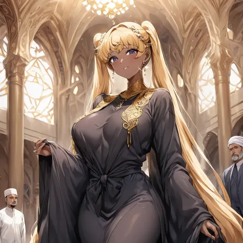 ((Highest quality)), ((masterpiece)), (detailed), （Perfect Face）、The woman is wearing a black hijab and abaya properly.、The woman is Tsukino Usagi, a devout Muslim., Arab with bright brown skin, In an Islamic prayer hall、She wears a gorgeous black abaya wi...