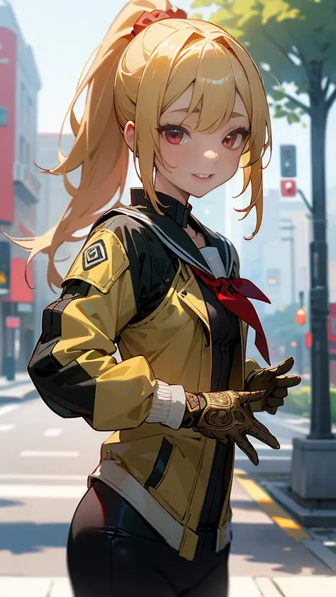 1 Girl、Sharp focus、(Bokeh) (Highest quality) (Detailed skin:1.3) (Intricate details) (anime)、A girl full of vitality、High school girls、Riders jacket、Blonde、Red eyes、ponytail、gloves、Bright smile、Standing in front of a street tree