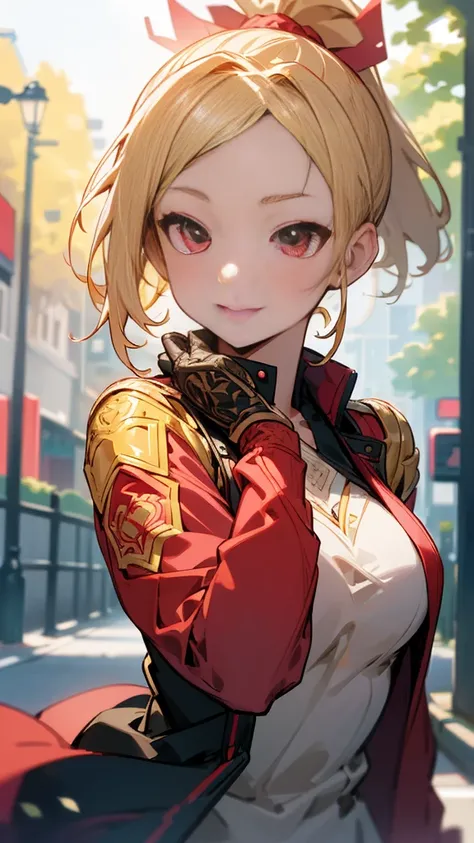 1 Girl、Sharp focus、(Bokeh) (Highest quality) (Detailed skin:1.3) (Intricate details) (anime)、A girl full of vitality、High school girls、Riders jacket、Blonde、Red eyes、ponytail、gloves、Bright smile、Upper body close-up、Standing in front of a street tree