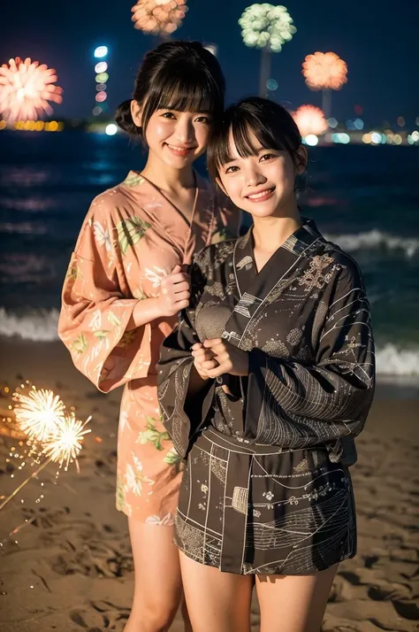 2 girls in beach at night,long-sleeved yukata,fireworks,18-year-old,bangs,a little smile,thighs,knees,short hair with low pigtails bunches,from below,front light