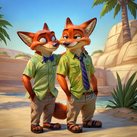 nick wilde top hawaiian green shirt with bow tie, and khaki trousers, brown heeled sandals, digital art, ((perfect face)), ((bes...