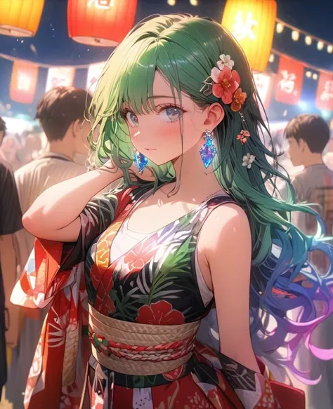 8K,gal，an extremely delicate and beautiful,Beautiful and realistic skin,Shiny jewel-like earrings,Long colorful hair,beautiful eyes,whole body,head to toe,beautiful regs,beautiful Happi,summer festival 
