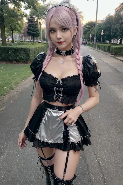 sexy stylish Swedish model, only 1 female, ((doll-like appearance)), long neon pink stylish hair, ((shiny Punk-Style boots)), (smiling face), ultra detailed eyes, Punk makeup, lipgloss, ((sexy Punk Lolita cosplay)), unconventional skirt, petticoats, high n...