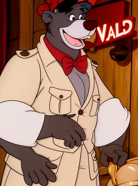 1 boy, bear, black eyes, day, furry man, it has, male focus, a parody, red cap,bow tie white tuxedo, ,smile, one,fantasy, animal...