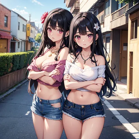 two women in skimpy shorts standing against a street in front of buildings, breasts, shorts, jewelry, cleavage, multiple girls, looking at viewer, navel, bare shoulders, long hair, necklace, off shoulder, 2girls, parted lips, earrings, black hair, thighs, ...