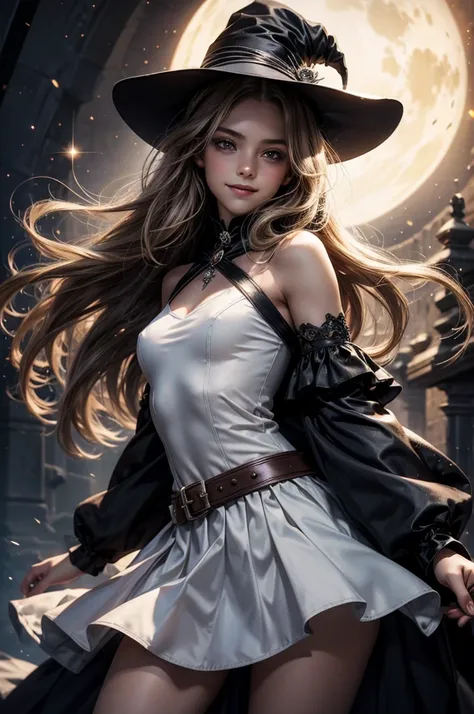 Perfect human body modeling, 1 girl, cute girl, pretty face, bitter smile, 16 years old, Beautiful gray long hair, beautiful light brown eyes, flat chest, small build, No muscles, white skin, wizard, Big magic wand, gothic skirt, magical girl, little Medie...