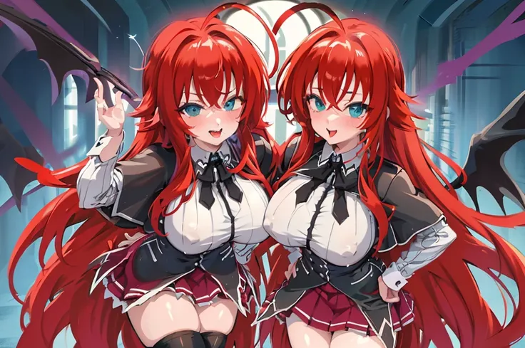 rias gremory Lady sucubbus with wings and horns in black leather outfit with red belt and red ribbons on her legs, ahegao, tongue out, big breasted, sexy, nsfw
