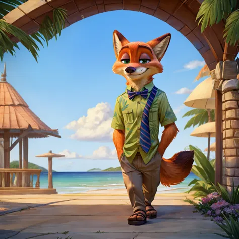 nick wilde melts hawaiian,black jacket, green shirt with bow tie, and khaki trousers, brown heeled sandals, digital art, ((perfe...