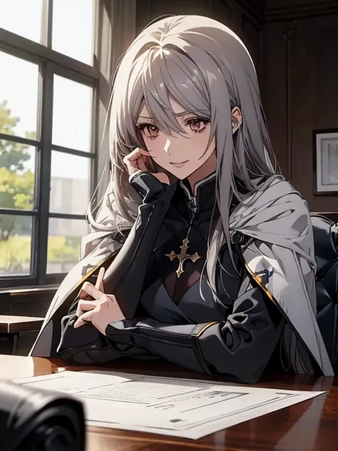 (Confused, High resolution, Very detailed), 1 female, Silver Hair,Long Hair,Reddish brown eyes,Blue and black pilot suit,24th generation,beauty,mature,thin,quiet,Calm,sit cross-legged at a table in a conference room,Busy,seems to be happy,White long cloak,