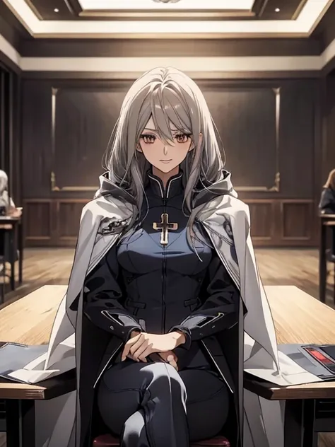 (Confused, High resolution, Very detailed), 1 female, Silver Hair,Long Hair,Reddish brown eyes,Blue and black pilot suit,24th generation,beauty,mature,thin,quiet,Calm,sit cross-legged at a table in a conference room,Busy,seems to be happy,White long cloak,