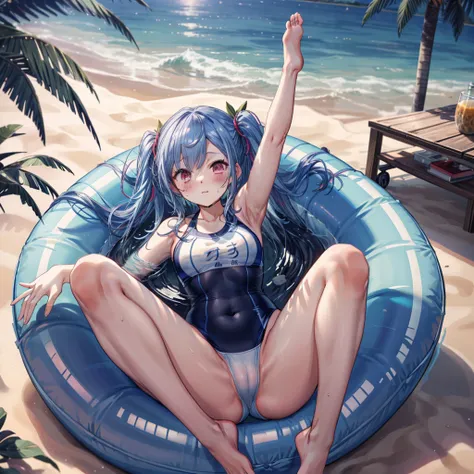 ((Highest quality)), ((masterpiece)), (detailed), an anime girl, in white bikini, on large circular floatie, 1girl, beach, 独奏, swimsuit, barefoot, one-piece swimsuit, sand, purple eyes, twintails, wet, spread legs, covered navel, breasts, lying, blush, on ...