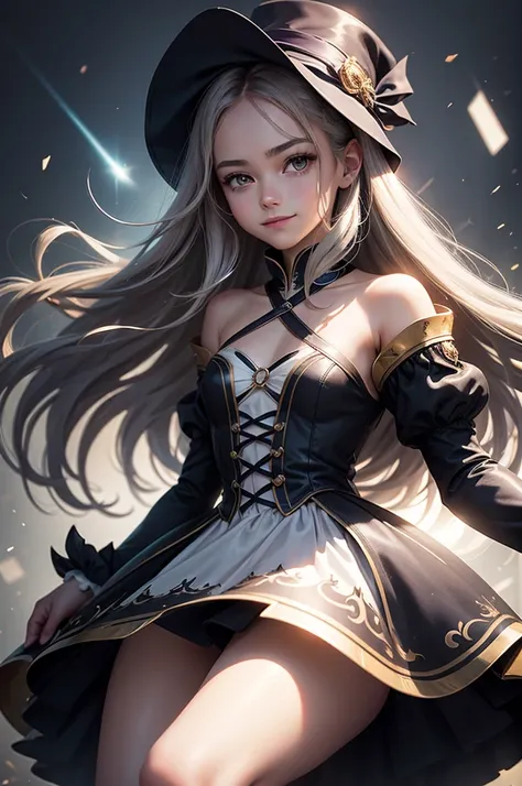 Perfect human body modeling, 1 girl, cute girl, pretty face, bitter smile, 16 years old, Beautiful gray long hair, beautiful light brown eyes, flat chest, small build, No muscles, white skin, wizard, Big magic wand, gothic skirt, magical girl, little Medie...