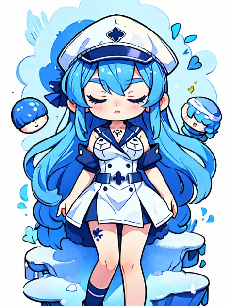 (artwork, best quality) a girl with long blue hair, closed eyes, blue eyelashes, white sailor suit with captains hat, big breasts, perfect body, pretty eyes, nice waist, tattoo, screaming with joy, arms and legs open, lying on a snow floor