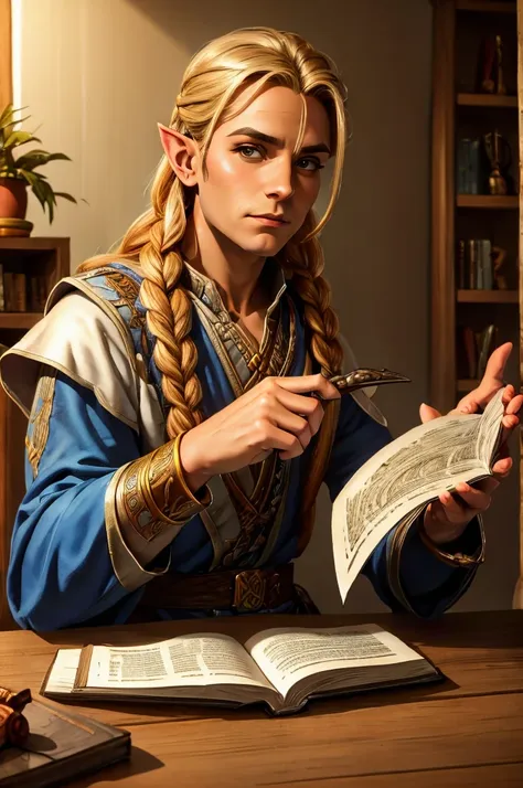 magical bracers, a large curved blade, hair braided, a sword is on the table in front of him, a 40-year-old male elf is sitting ...