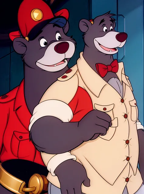 1 boy, bear, black eyes, day, furry man, it has, male focus, a parody, red cap,bow tie white tuxedo, ,smile, one,fantasy, animal...