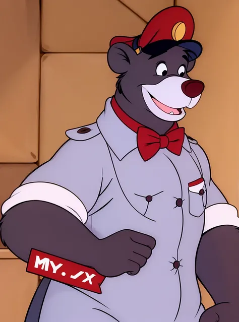 1 boy, bear, black eyes, day, furry man, it has, male focus, a parody, red cap,bow tie white tuxedo, ,smile, one,fantasy, animal...