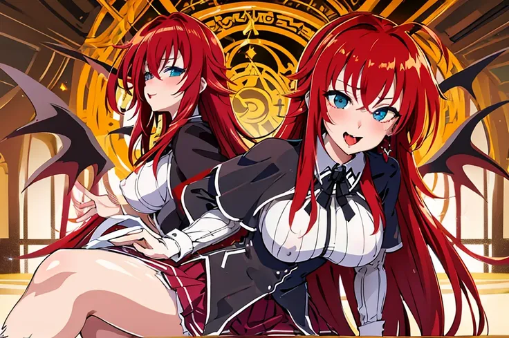 rias gremory lady sucubbus with wings and horns in black leather outfit with red belt and red ribbons on her legs, ahegao, tongu...